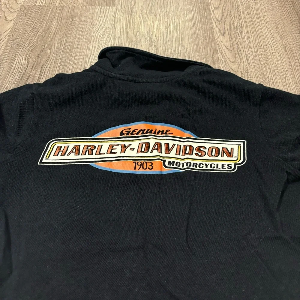 Vtg Harley Davidson Polo Shirt Retro Black/Orange‎ Stripe Logo Boys XL (12-14)